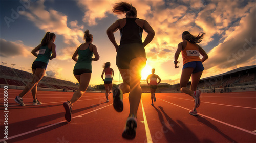 Group of Girls Female Athletes running in a stadium. Fitness and Sports Photography. Ai generated