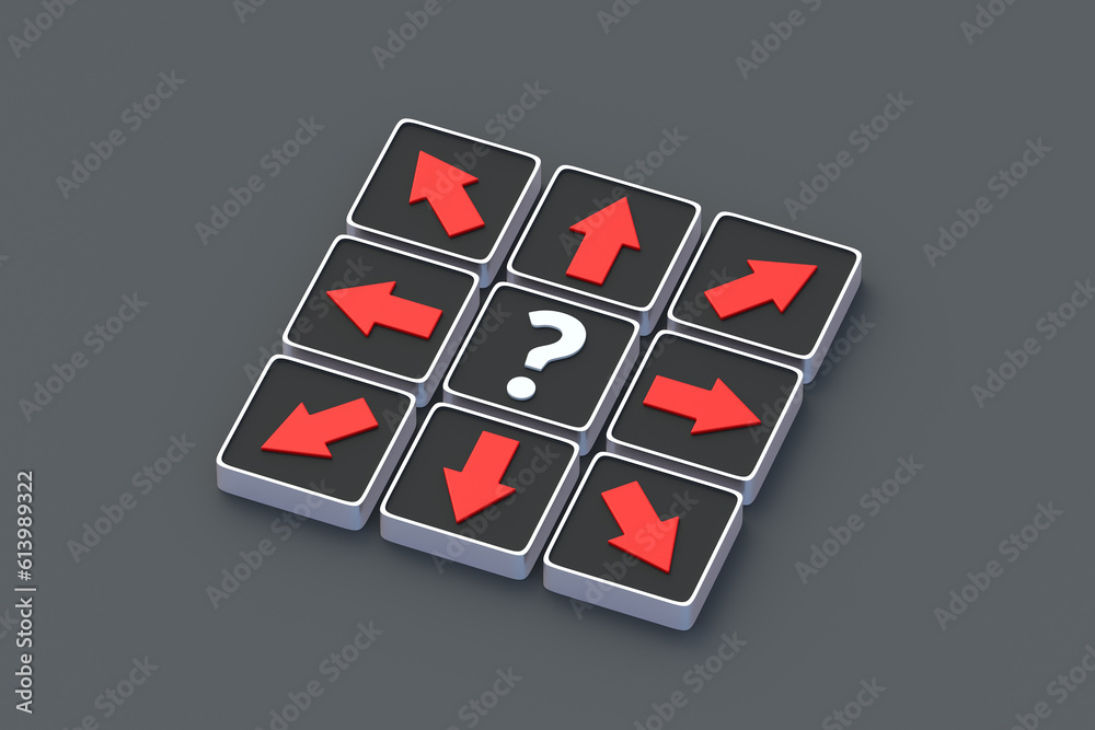 Question mark and arrows on buttons. The concept of non-professionalism in journalism. Unsuccessful search. Wrong questions. Alternative sources of information. Doubt answers. 3d render Question mark and arrows on buttons. The concept of non-professionalism in journalism. Unsuccessful search. Wrong questions. Alternative sources of information. Doubt answers. 3d render