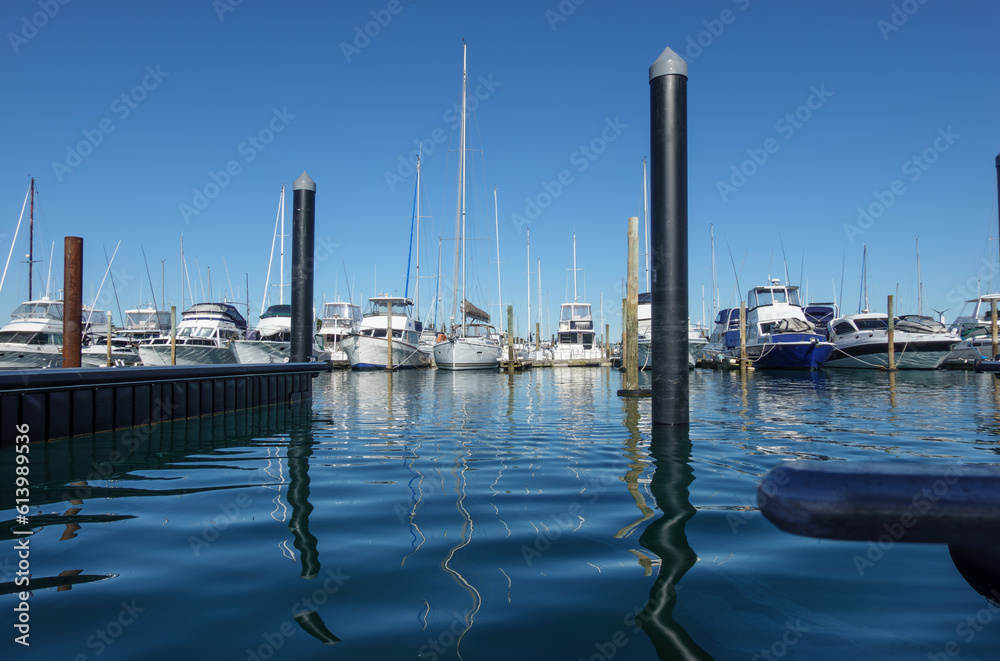 Marina pilings reflected in blue water