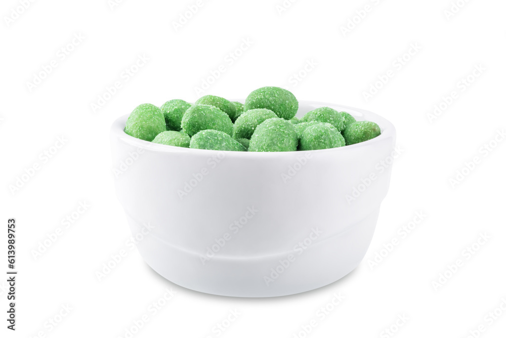 Wasabi peanuts in a bowl on a white isolated background Wasabi peanuts in a bowl on a white isolated background