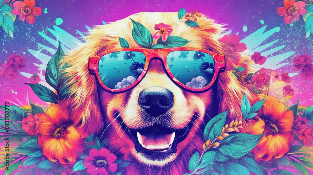 close up funny pet portrait, cute dog with flower and sunglasses, Generative Ai