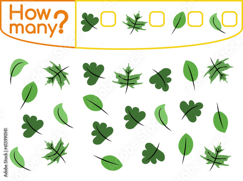 Counting game with green leaves for preschool children. Count how many leaves by types and write the result. Vector illustration isolated on white background