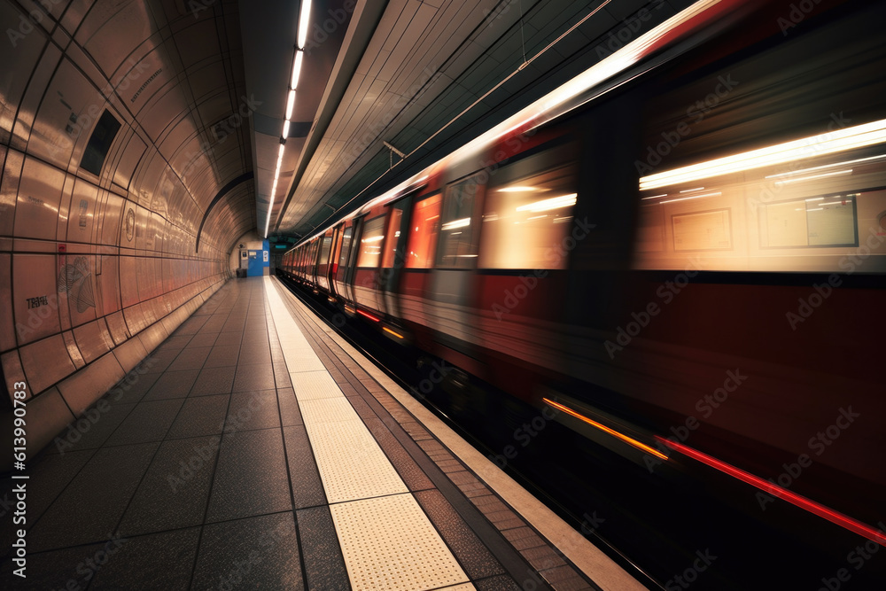 metro train driving through empty subway station with motion blur - generative ai