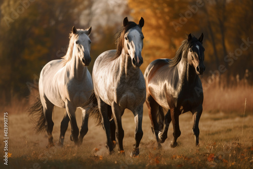 horses running in the meadow at sunset with warm autumn colors - generative ai