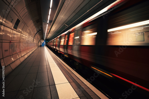 metro train driving through empty subway station with motion blur - generative ai