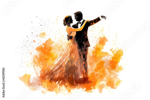 Graphic of Couple in Elegant Waltz Dance. AI generative. Ink Painting in Black, White and Orange Isolated on White.