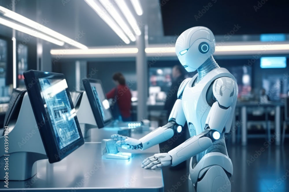 the robot works as a cashier in a bank serving staff generative ai