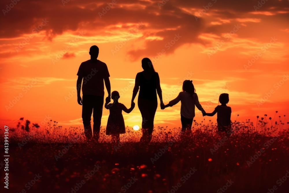 silhouette of a happy family on the field and sunset generative ai
