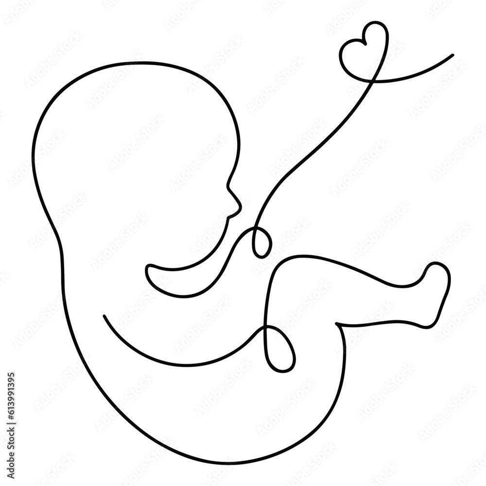 Vector illustration (sketch) in the form of one line without a background - a baby in the womb with an umbilical cord. The state of pregnancy, the emotion of motherhood and love for the child. - obrazy, fototapety, plakaty 