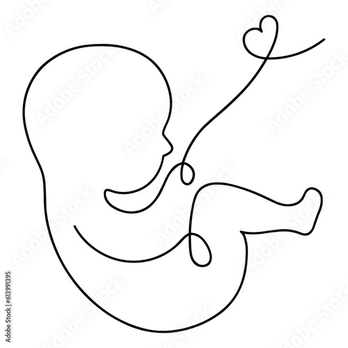 Vector illustration (sketch) in the form of one line without a background - a baby in the womb with an umbilical cord. The state of pregnancy, the emotion of motherhood and love for the child. photo