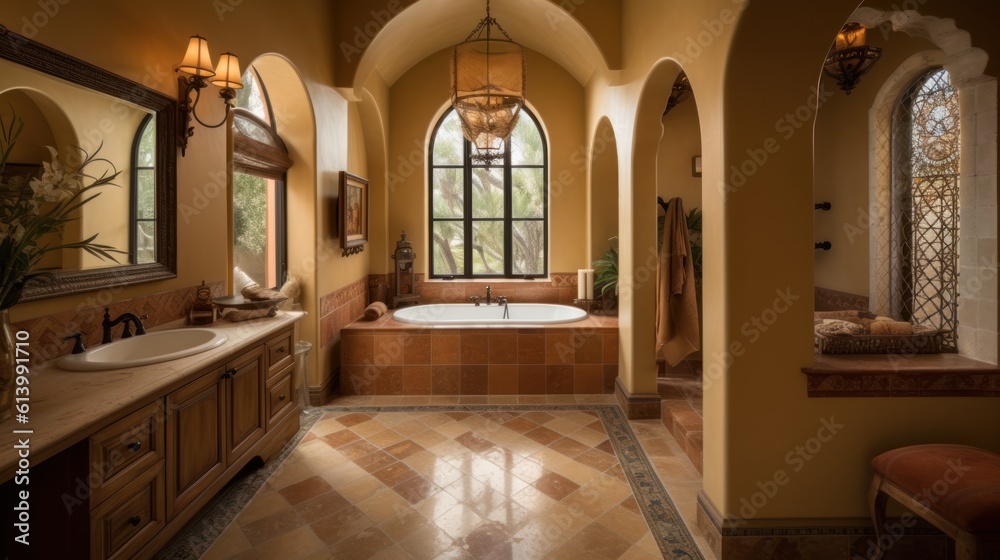 Mediterranean Oasis: Master Bathroom with Exquisite Mediterranean Interior Design, Generative AI