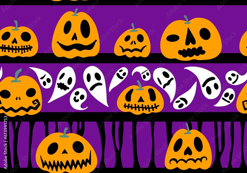 Halloween pumpkins seamless ghost and bones and cat pattern for wrapping paper and linens and fabrics