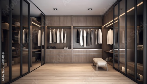 Modern style walk in closet.Dark tone.3d rendering