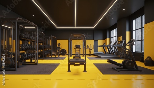 Gym fitness club with yellow.3d rendering