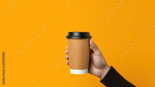 Hand holding disposable coffee cup solid background Generative AI © pector