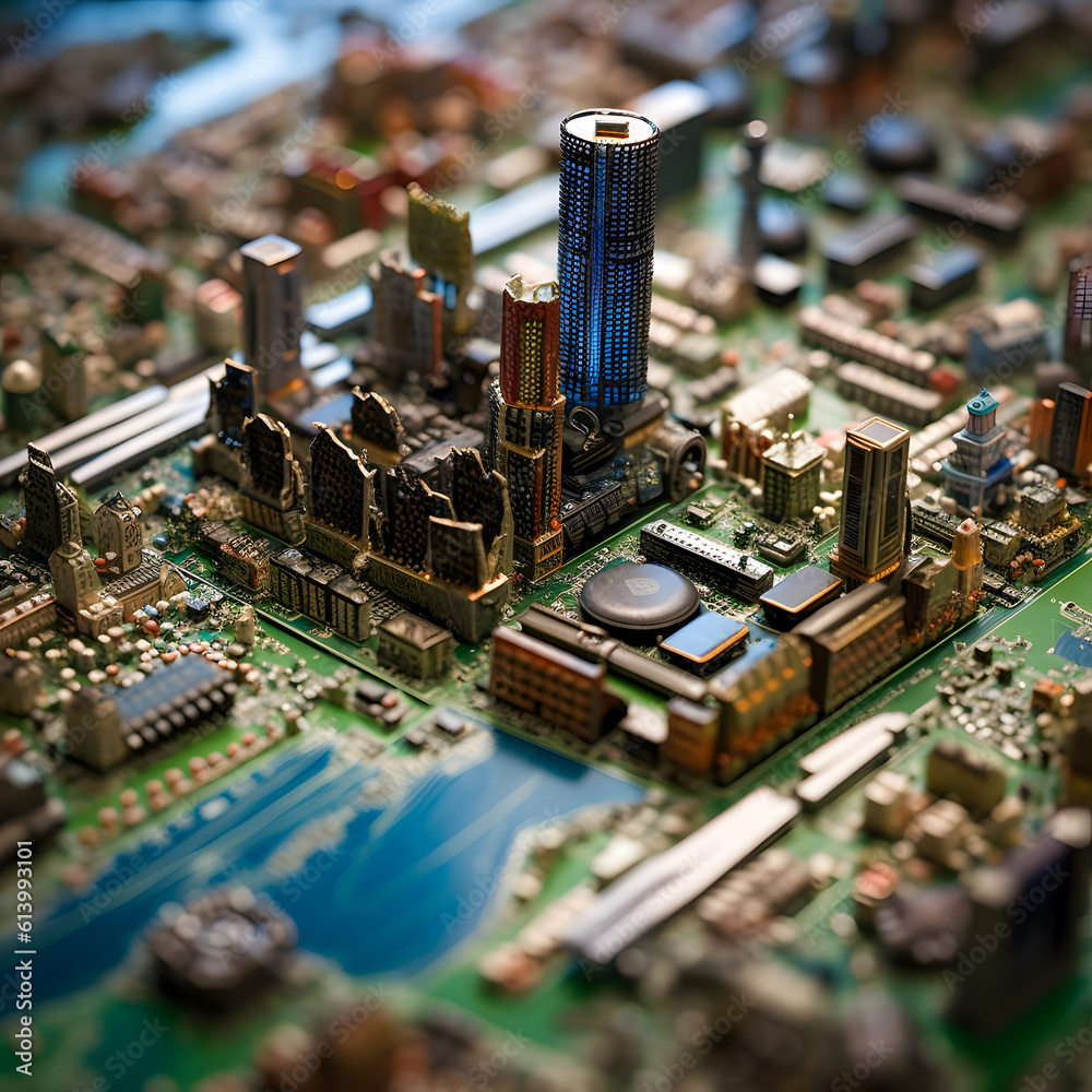 Obraz premium Electronic Cityscape: Miniature Metropolis on a Motherboard - generative ai