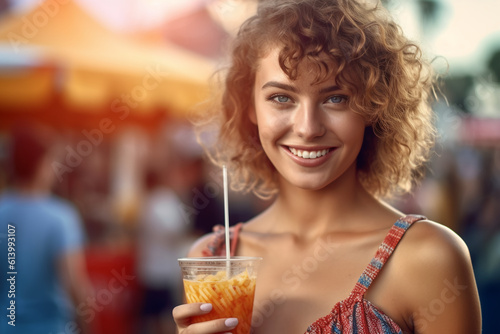 portrait of smiling joyful young beautiful woman on summer party