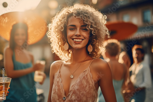 portrait of smiling joyful young beautiful woman on summer party
