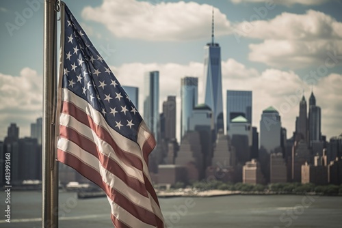 A close - up shot of an American flag gently waving in the foreground, with the iconic New York City skyline as a stunning backdrop. Generative AI