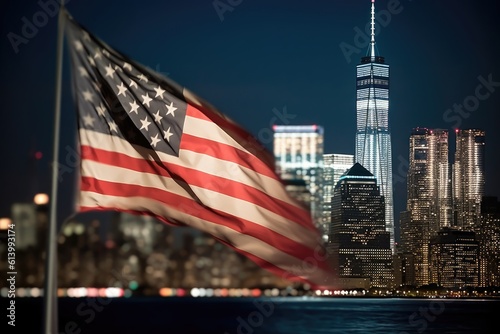 A close - up shot of an American flag gently waving in the foreground  with the iconic New York City skyline illuminated in the background. Generative AI
