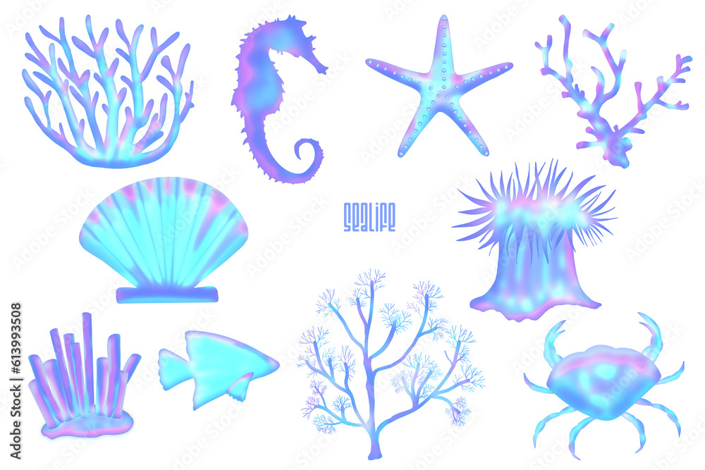 Iridescent sea life animals and corals in neon blue, pink and violet colors. y2k holographic marine nautical design elements