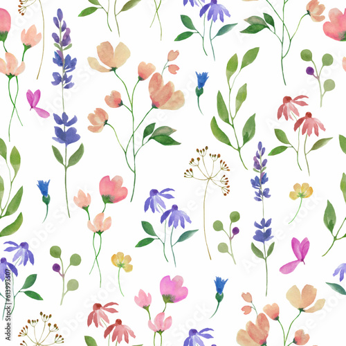 Watercolor floral seamless pattern. Hand drawn illustration isolated on white background. Vector EPS. 