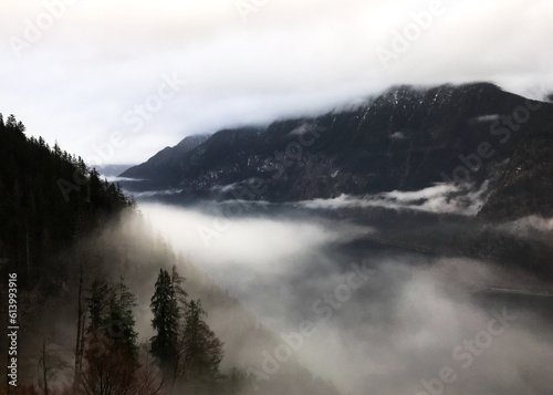 Foggy mountain view in Hallstatt, Austria