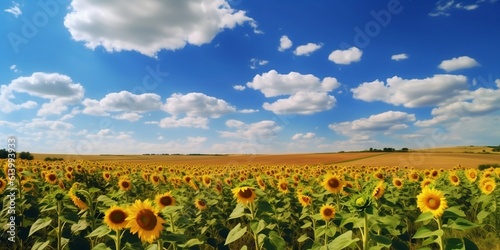 On a clear sunny day, an endless field of sunflowers. Created with generative AI tools