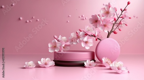 pink podium display sakura pink flower falling cosmetic Generative AI