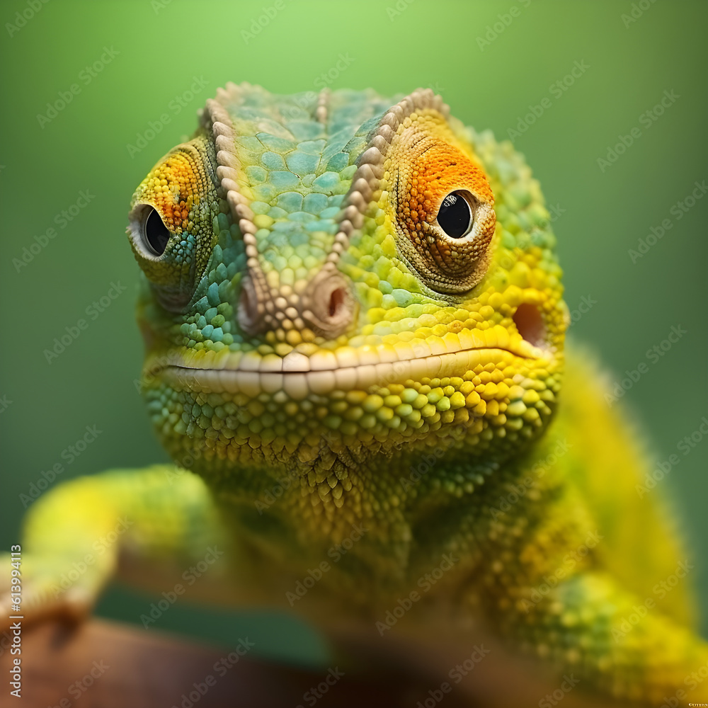 The Portrait of a cute smiling chameleon, close up - AI generated

