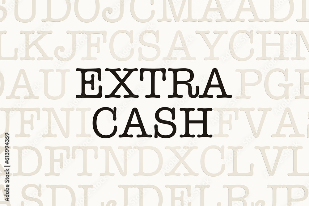 Extra Cash. Page with letters in typewriter font. Part of the text in dark color. Message, extra, cash, bonus, extra pay, earn, side job, extra income, and reward.