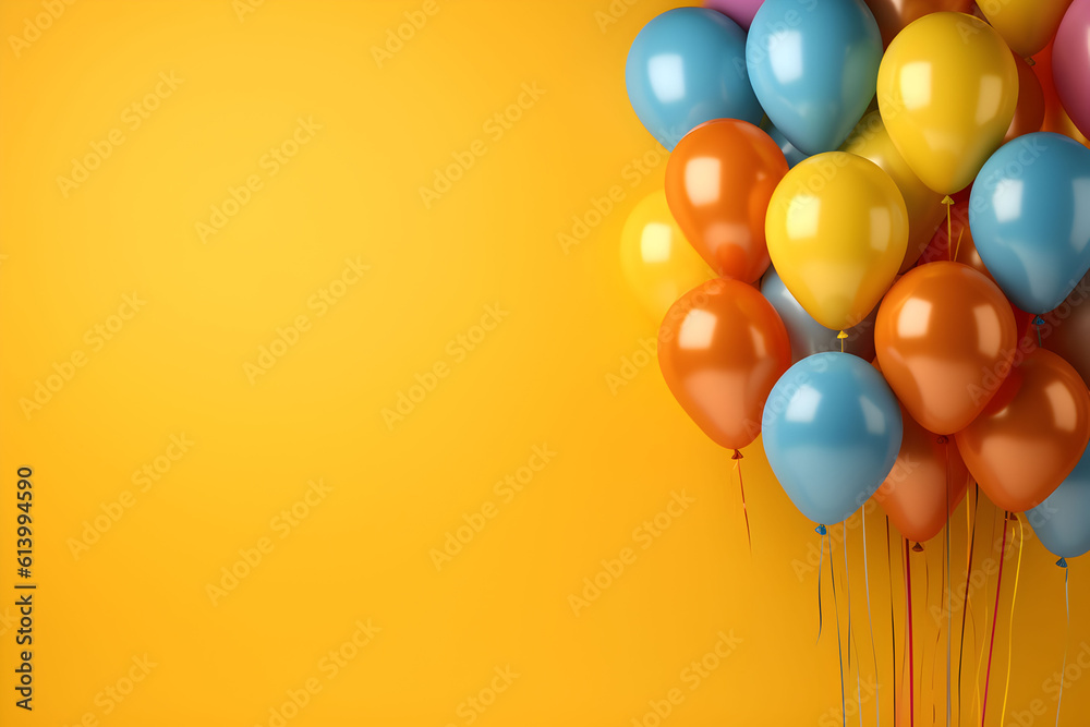 Colorful balloons bunch tied on a yellow wall background with copy space. Birthday, wedding, party or celebration concept. Generated AI.