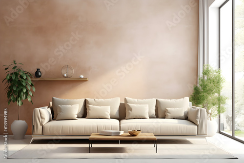 Empty  blank concrete wall mockup in living interior with modern boho furniture and big window  century beige sofa  scandinavian style interior decoration. Generated AI.