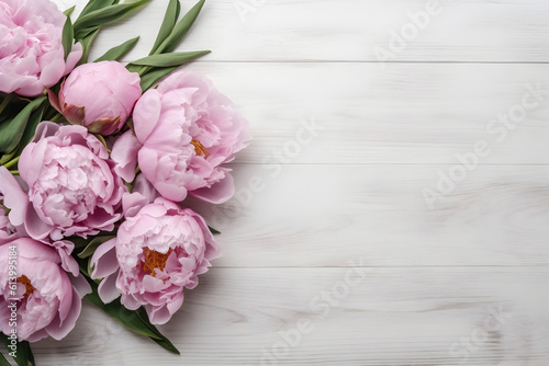 Peony flowers on white wooden background, spring flat lay composition. Valentine's, womens, mothers day, birthday or wedding concept. Top view. Copy space. Generated AI. © AnaWein