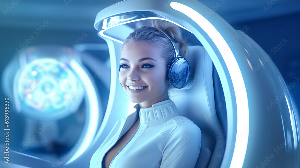 Patient at the dentist's appointment sitting in the dental chair, dental treatment, futuristic style Patient at the dentist's appointment sitting in the dental chair, dental treatment, futuristic style