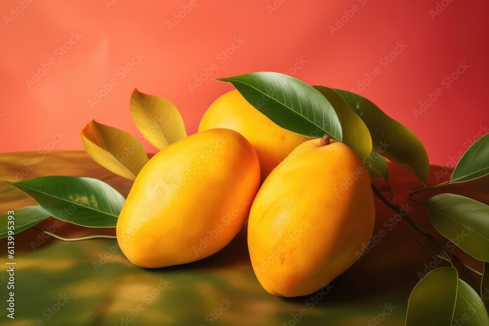 Mango fruit with leaves on red background. Tropical fruit concept. Generative AI Mango fruit with leaves on red background. Tropical fruit concept. Generative AI