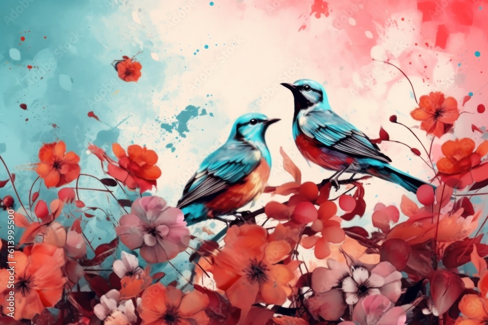 Natural bird and flowers background. Illustration AI Generative.