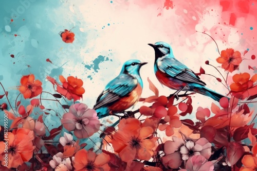Natural bird and flowers background. Illustration AI Generative. © ArtCookStudio