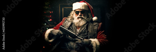 Fotografia, Obraz Gangster Santa Unleashed: Badass Claus Holding an Automatic Gun, Sporting Shades - An Unconventional Christmas Twist