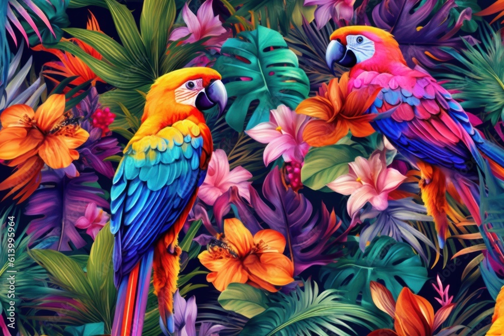 Fototapeta premium Tropical Vivid Background with Flower and Birds. Illustration AI Generative.