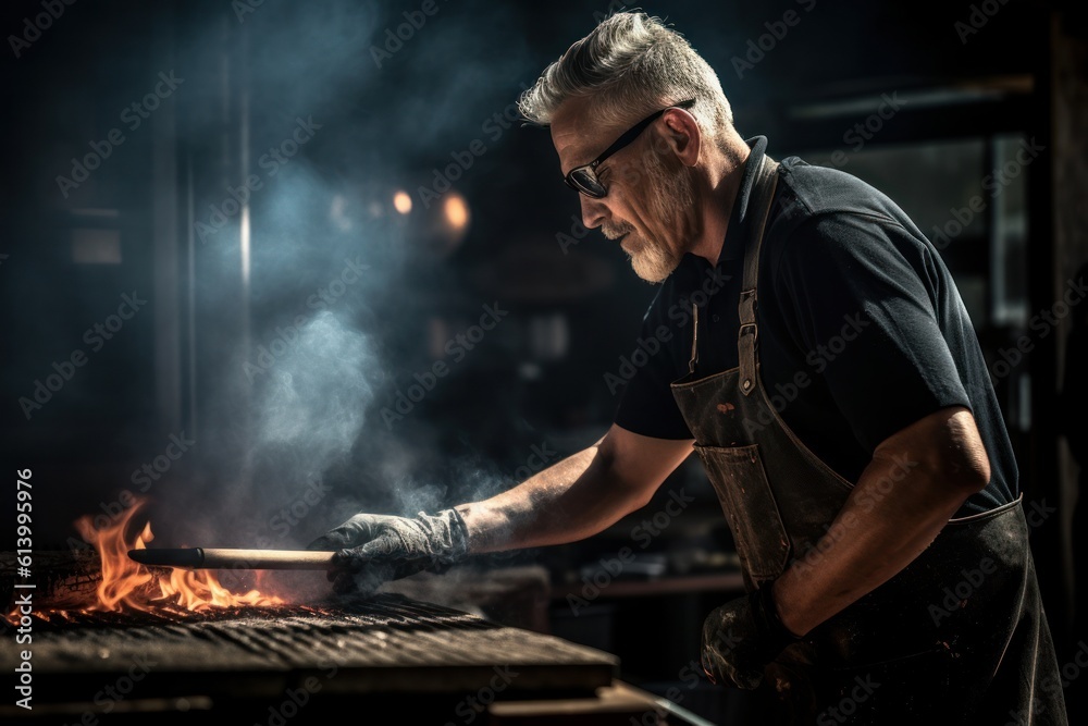 BBQ pitmaster tending to a smoker or grill. Use a mix of candid and posed shots to capture the passion and expertise of the pitmaster. Generative AI BBQ pitmaster tending to a smoker or grill. Use a mix of candid and posed shots to capture the passion and expertise of the pitmaster. Generative AI