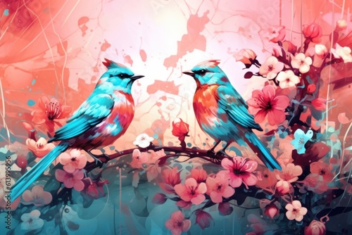 Natural bird and flowers background. Illustration AI Generative. © ArtCookStudio