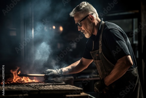 BBQ pitmaster tending to a smoker or grill. Use a mix of candid and posed shots to capture the passion and expertise of the pitmaster. Generative AI