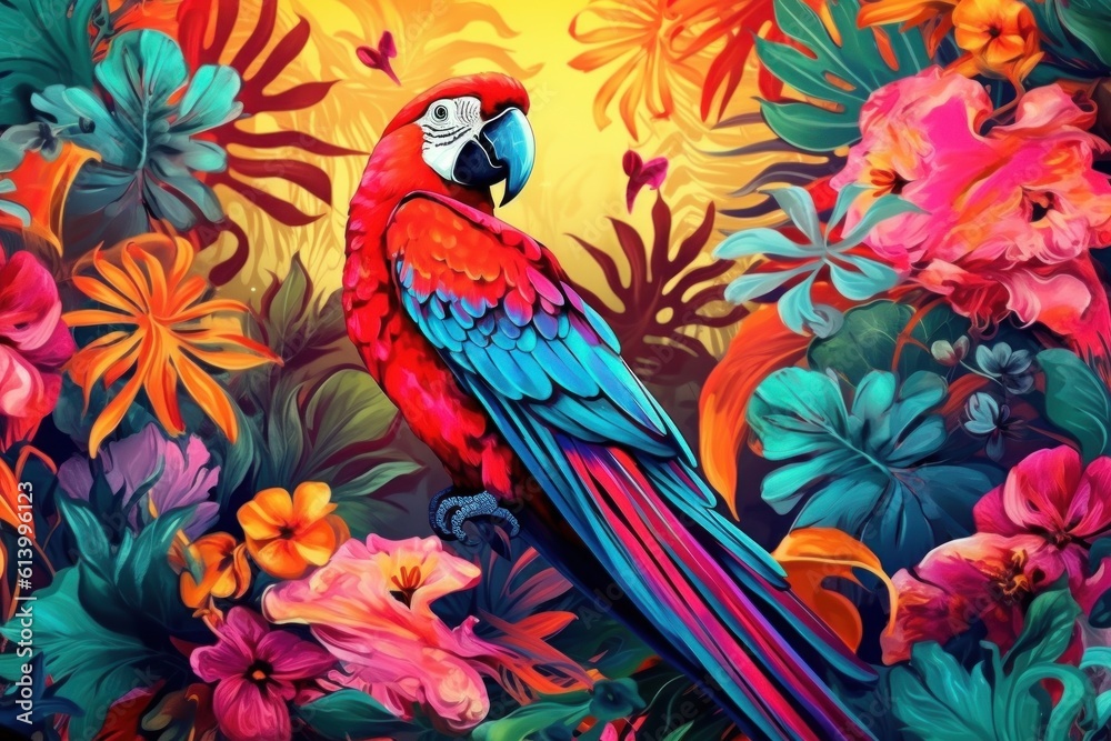 Tropical Vivid Background with Flower and Birds. Illustration AI Generative.