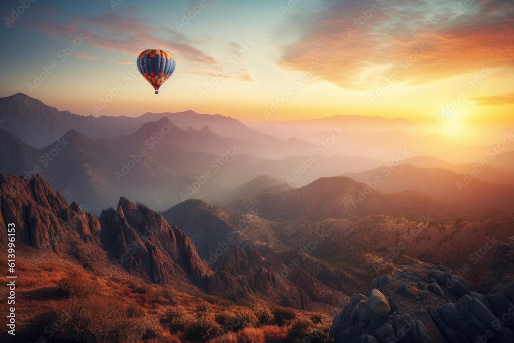 hot air balloon over beautiful landscape at sunset - generative ai