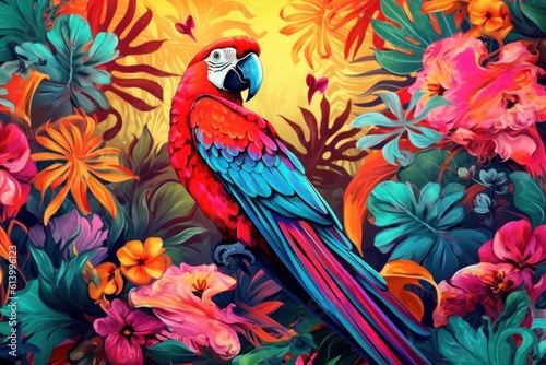 Tropical Vivid Background with Flower and Birds. Illustration AI Generative. © ArtCookStudio