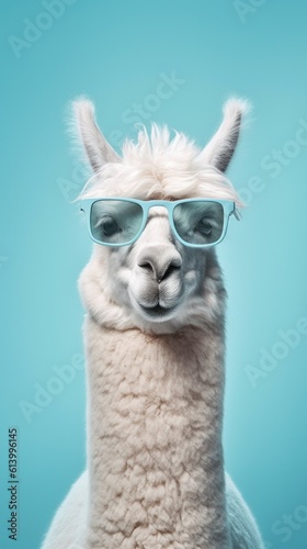 Cute Funny Lama in Sunglasses. Illustration AI Generative.