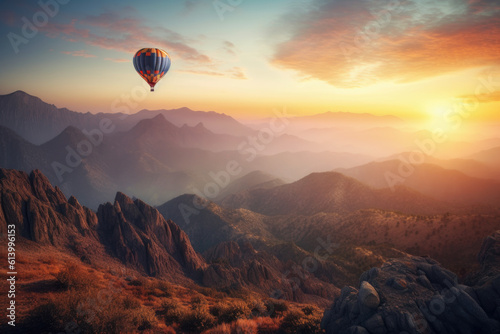 hot air balloon over beautiful landscape at sunset - generative ai