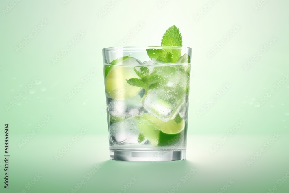 Mojito cocktail with lime, mint and ice on green background. Generative AI Mojito cocktail with lime, mint and ice on green background. Generative AI