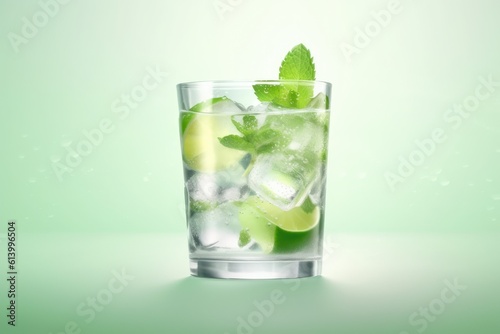 Mojito cocktail with lime, mint and ice on green background. Generative AI